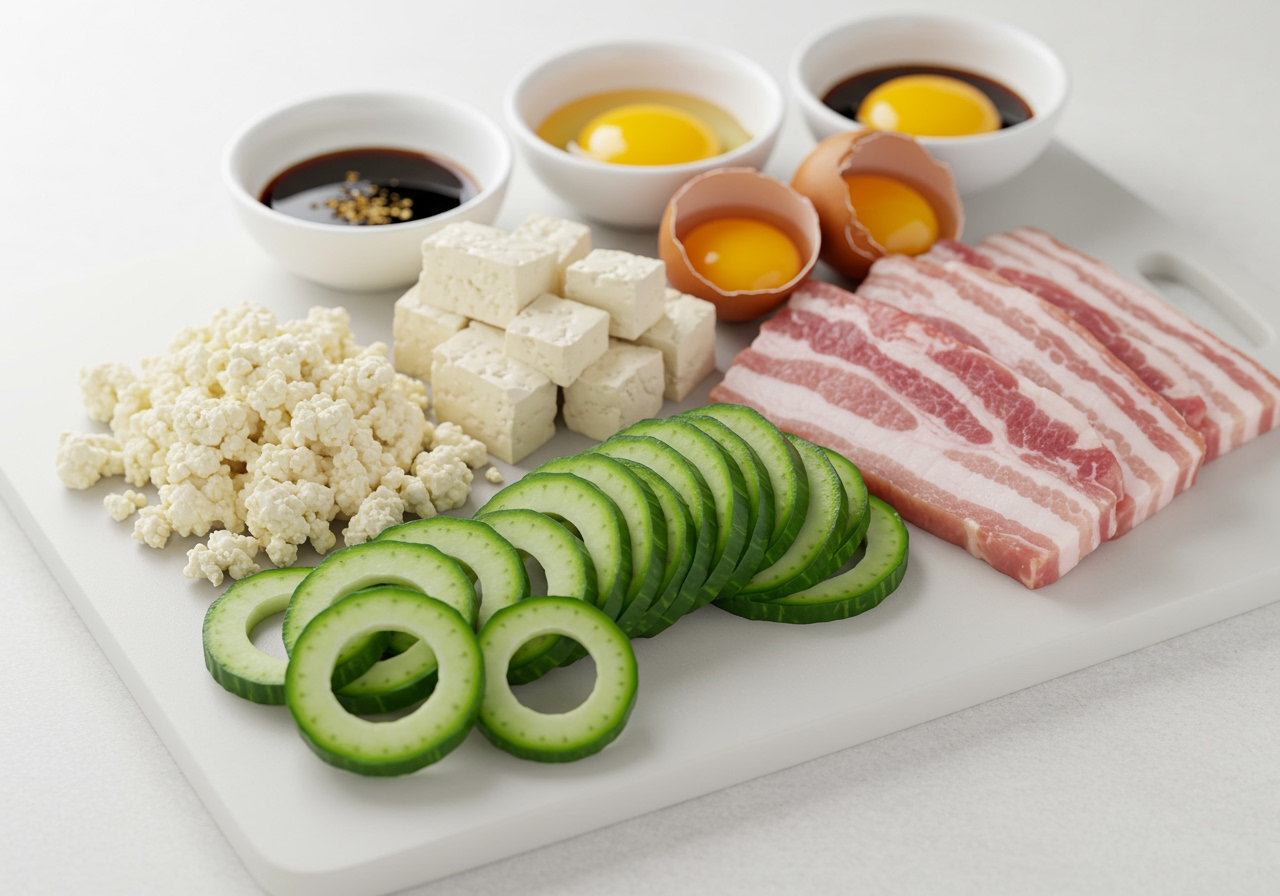 All the prepared ingredients for Goya Champuru laid out on a cutting board: sliced goya, crumbled tofu, sliced pork belly, raw eggs, and seasonings.