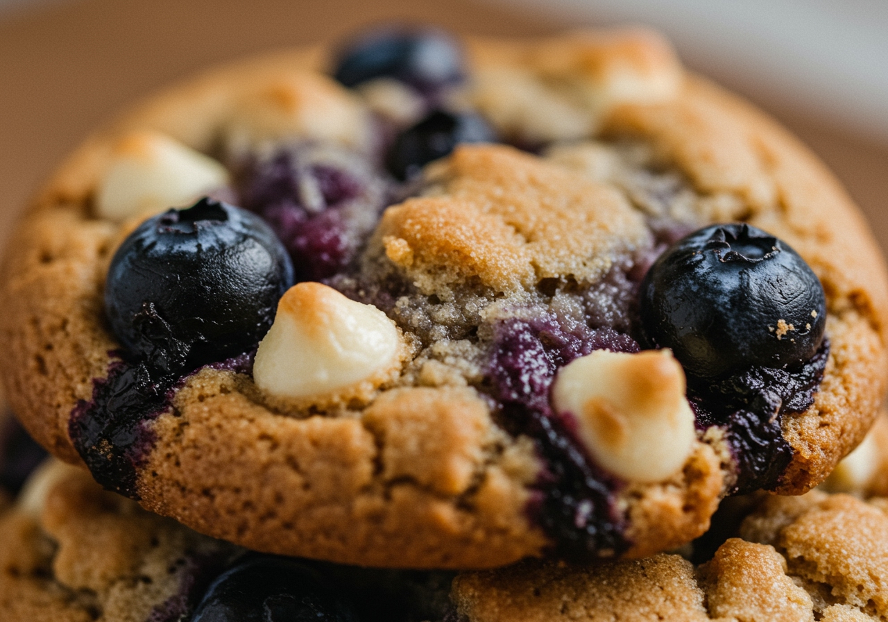 An abstract shot focusing on the textures and colors of a natural blueberry and white chocolate cookie, highlighting the contrast and visual appeal.