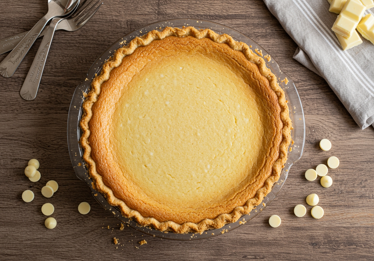 An aerial shot of a full, round white chocolate chip buttermilk pie on a rustic wooden table, with a few serving utensils and a decorative napkin nearby. The pie has a perfect golden crust and a smooth, creamy top.