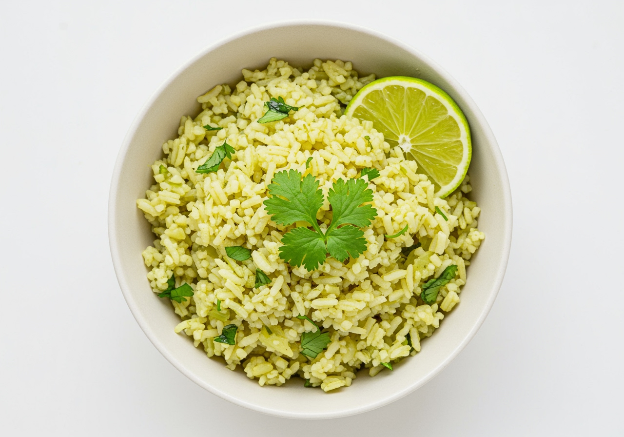 An aerial shot of a single serving of lime and cilantro rice in a bowl, garnished with fresh cilantro sprigs and a lime wedge.