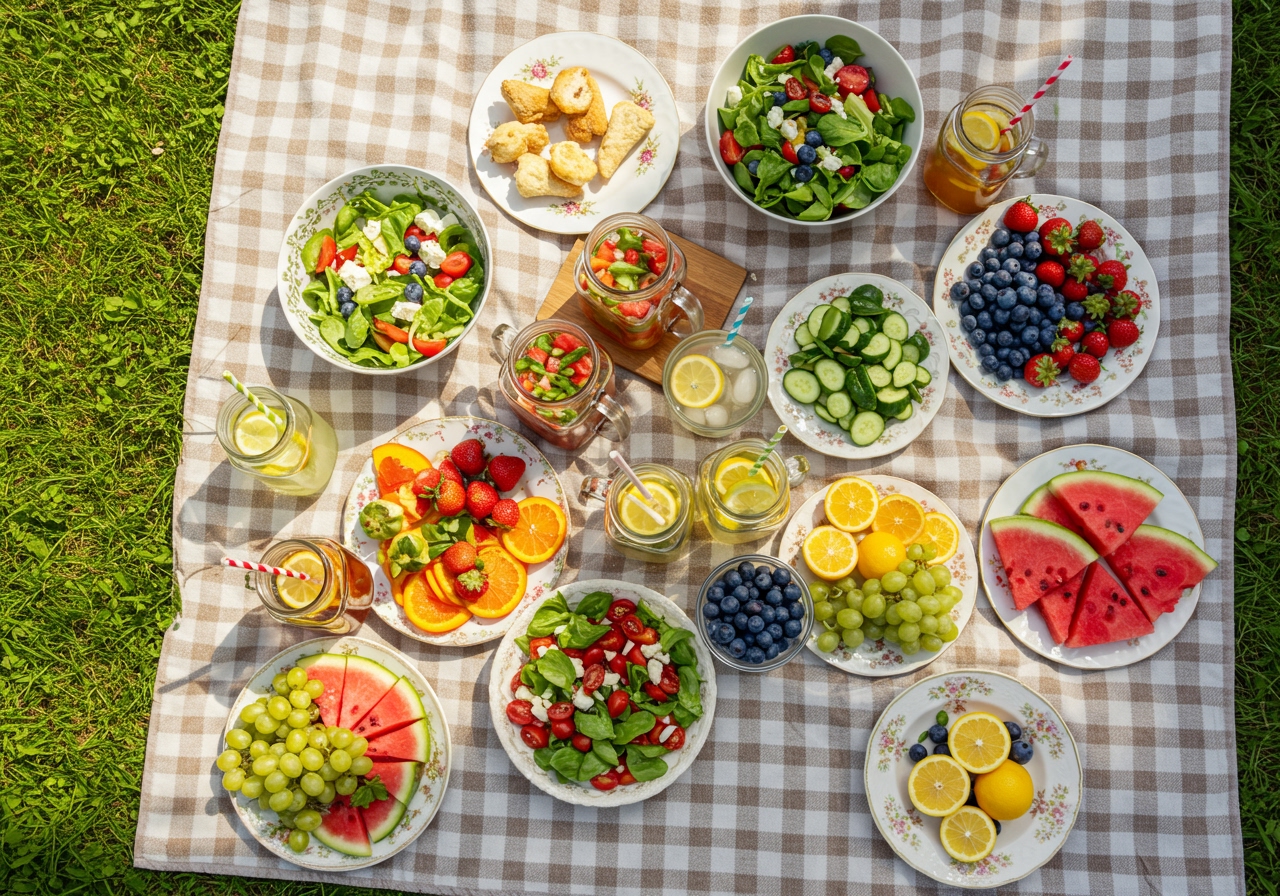 An aerial view of a summer picnic spread outdoors, featuring various cold dishes like salads, cold soups, and fruit platters, looking refreshing and inviting.