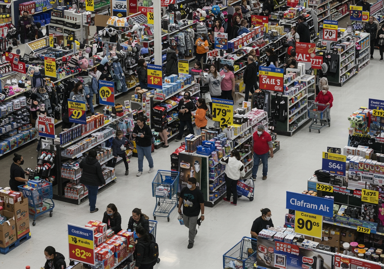 An aerial view or wide shot of a busy Walmart store aisle during a sale event, with shoppers browsing and carts moving, depicting the energy of in-store shopping.