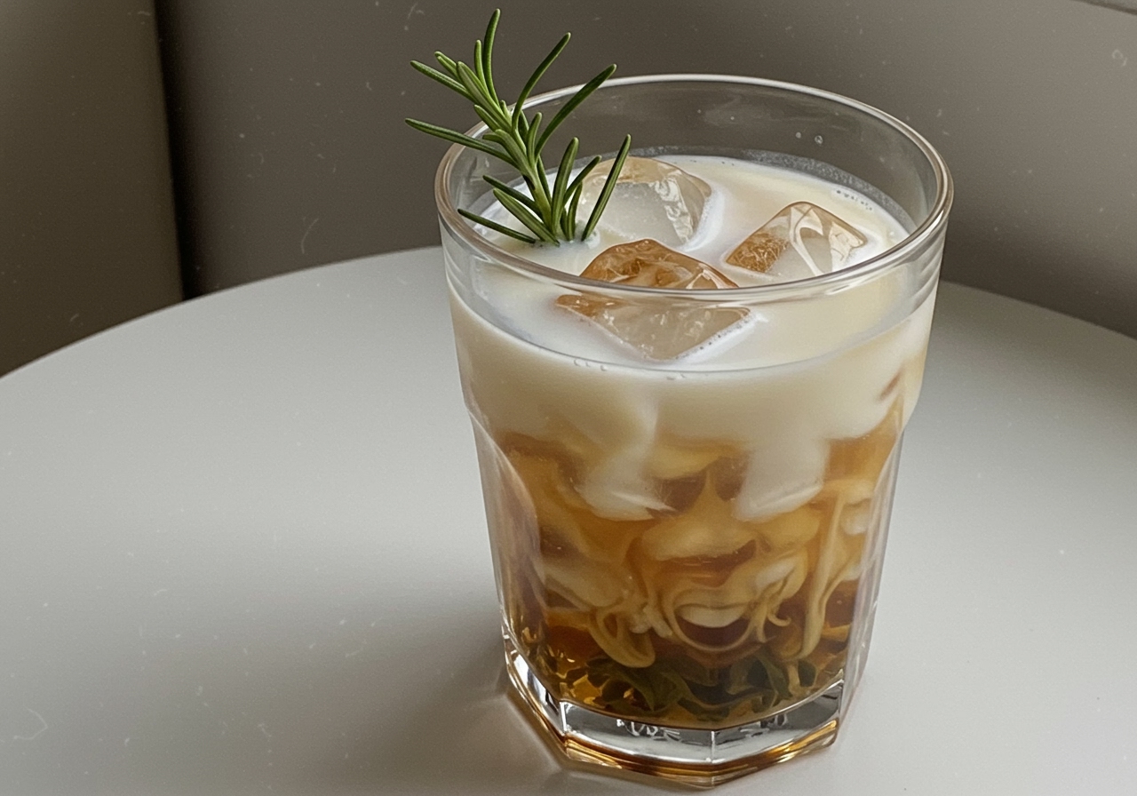 An aesthetic photo of a Calpis tea drink in a clear glass. Shows a mix of milky white Calpis and the color of tea (could be amber for black tea or pale green for green tea). Ice cubes visible, garnished with a fresh sprig of mint or rosemary. Elegant, calming vibe.