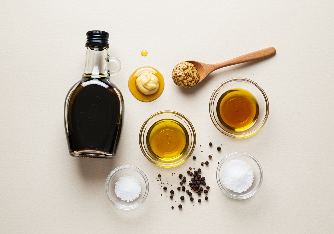 An aesthetically pleasing flat lay of all the ingredients for maple balsamic vinaigrette (balsamic vinegar, maple syrup, olive oil, Dijon mustard, salt, pepper) arranged artfully on a light background.