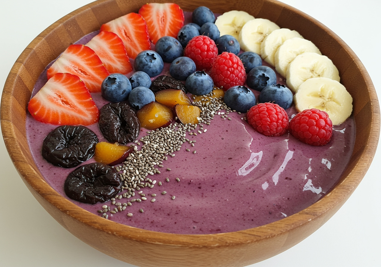 An aesthetically pleasing smoothie bowl based on the prune and yogurt smoothie recipe, topped with fresh berries, sliced banana, chia seeds, and maybe a few chopped prunes.