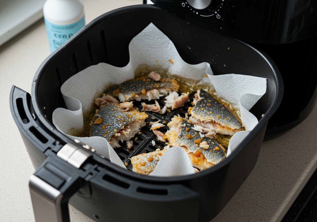 An air fryer basket being cleaned after cooking fish.