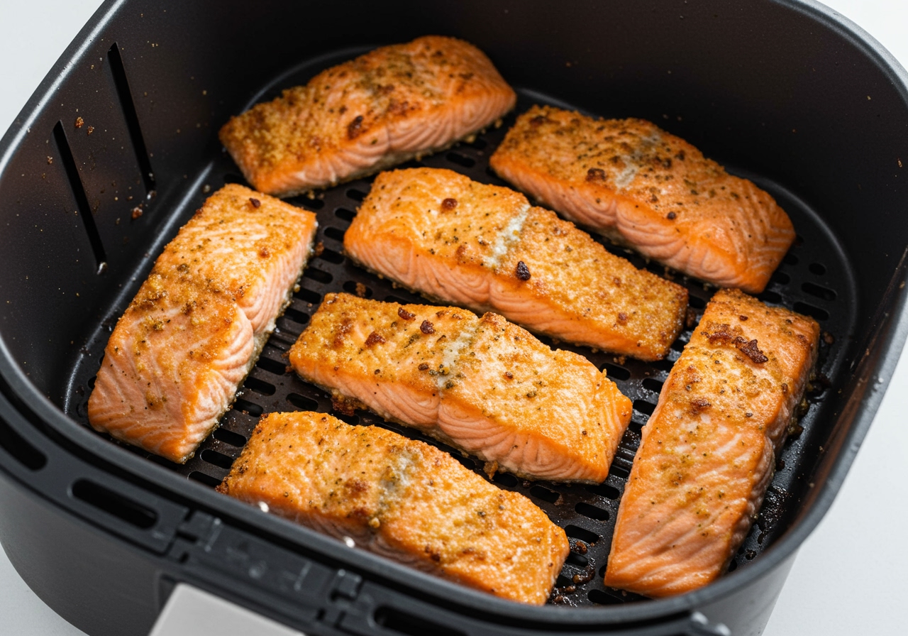 An air fryer basket filled with nicely cooked, flaky salmon fillets.