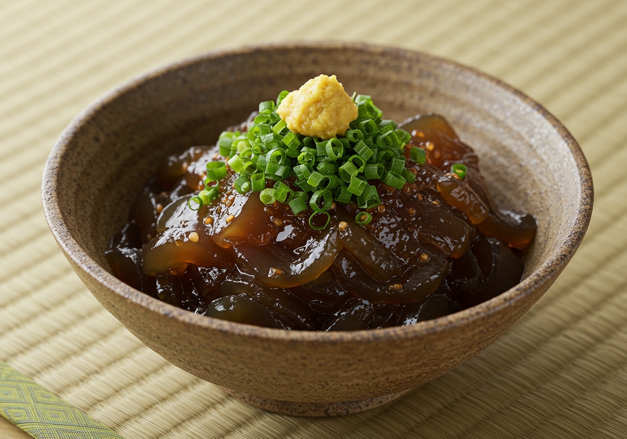 An appealing photo showing a bowl of savory ところてん with vinegar-soy sauce dressing, green onions, and karashi.