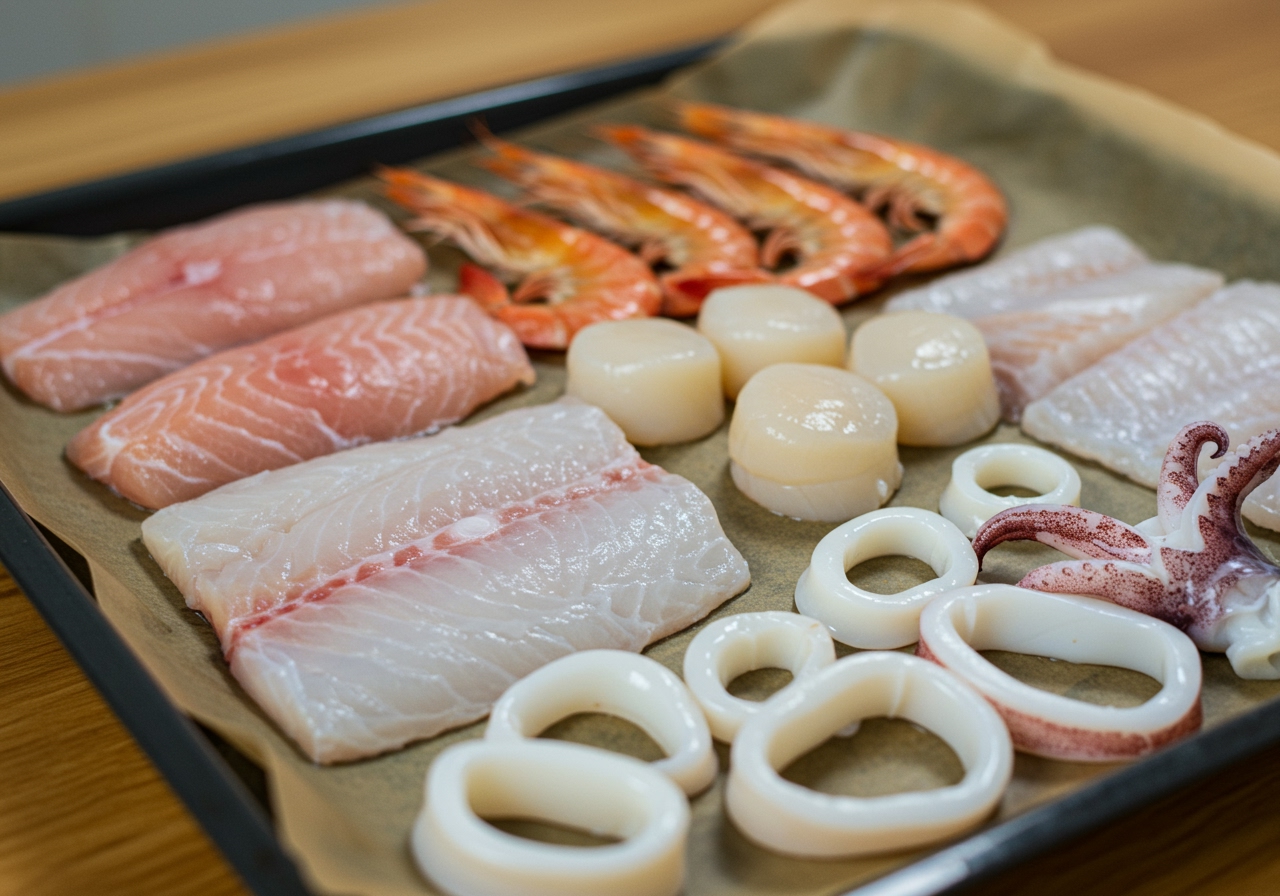 An array of fresh seafood - fish fillets, shrimp, scallops, squid rings - ready for air frying.