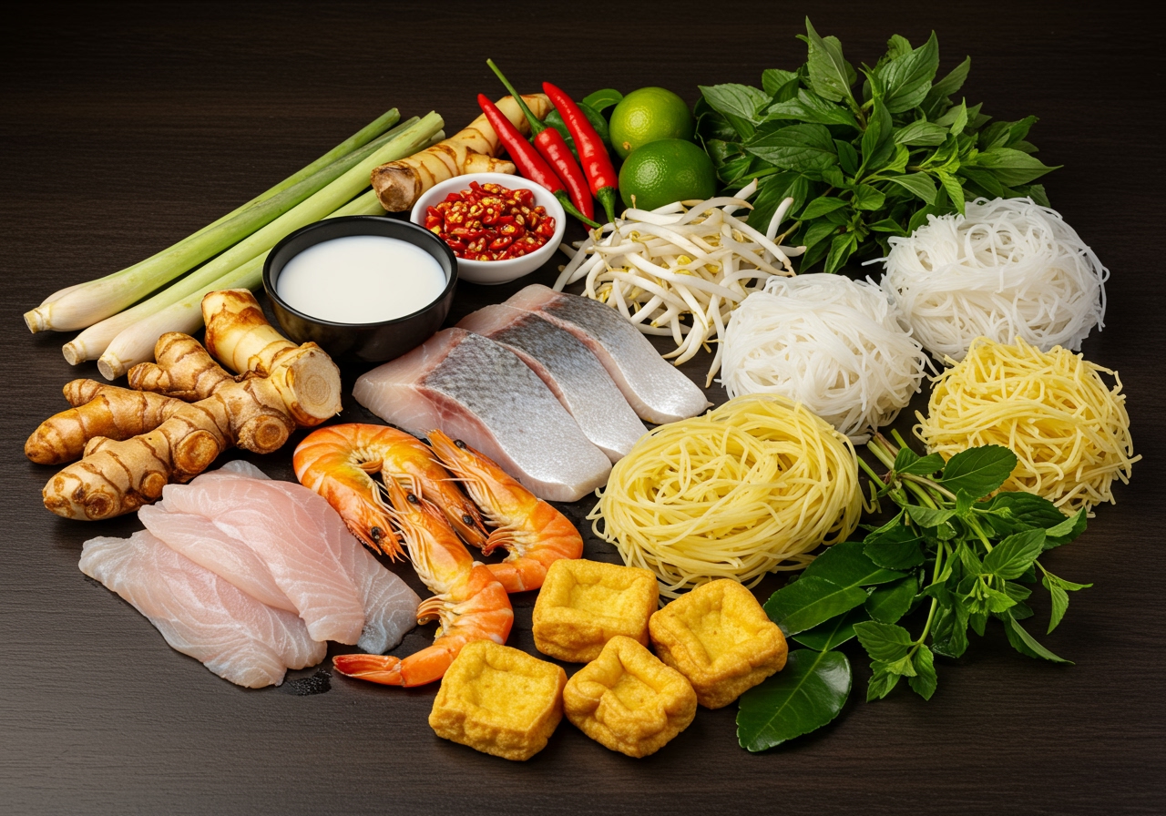 An array of Laksa ingredients laid out: fresh lemongrass, galangal, turmeric, chilies, belacan, coconut milk, fish, different types of noodles, and various toppings like shrimp, tofu puffs, and herbs.