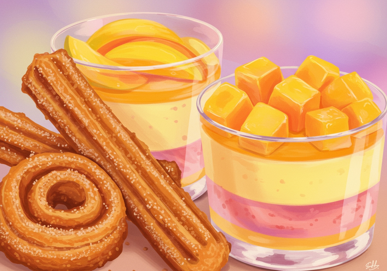 An artistic rendering showing abstract representations of churros (cinnamon swirls), mango slices, and smooth pudding/jelly layers, symbolizing the fusion of flavors.
