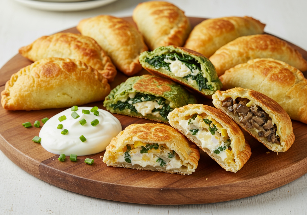 An assortment of baked healthy knishes with different fillings (potato, spinach-cheese, mushroom), served on a platter with yogurt dip and chives.