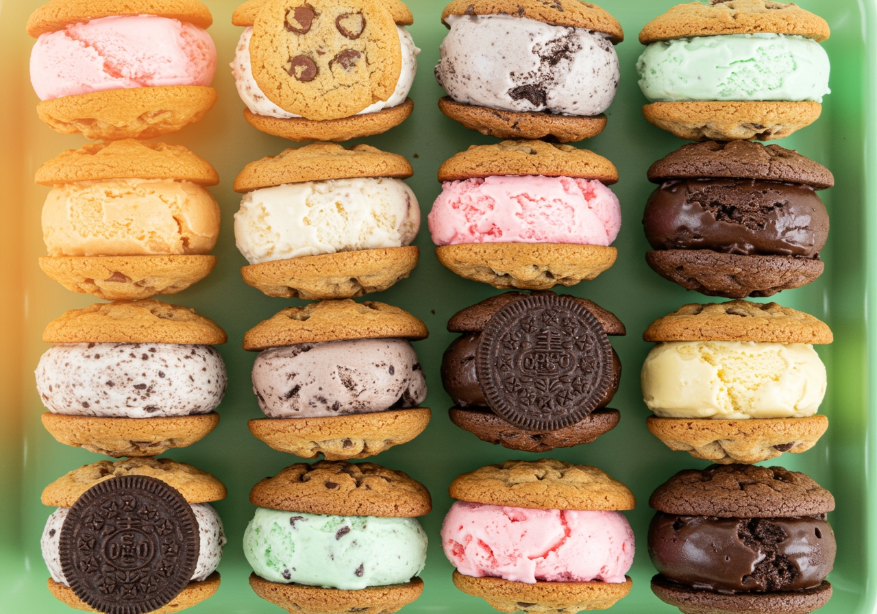 An assortment of different flavored ice cream sandwich cookies arranged attractively.