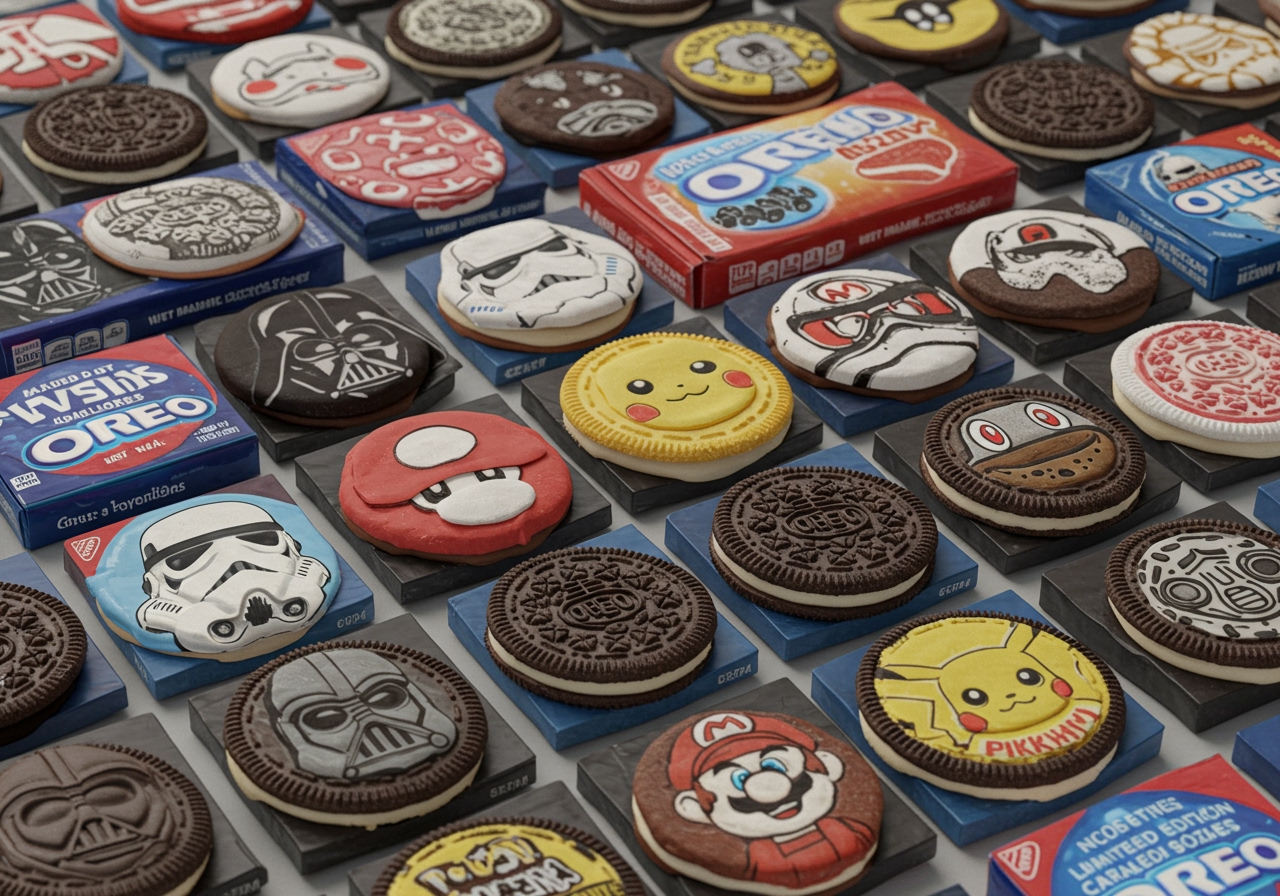 An assortment of different limited edition Oreo cookies from various collaborations (e.g., Star Wars, Mario, Pokemon) arranged neatly.