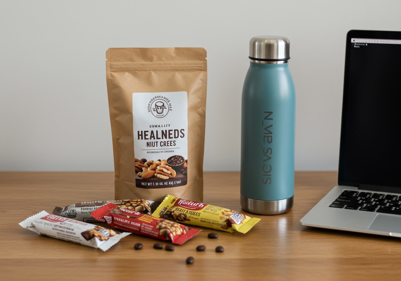An assortment of healthy snacks like fruit and nut bars, a bag of gourmet coffee beans, and a stylish insulated water bottle neatly arranged on a modern desk next to a laptop, implying a productive work-from-home setup.