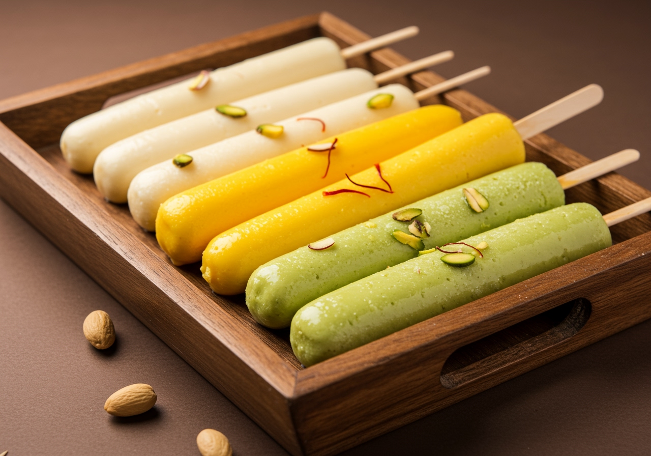 An assortment of Kulfi sticks with different flavors/colors (e.g., classic cream, yellow saffron/mango, green pistachio) arranged attractively.