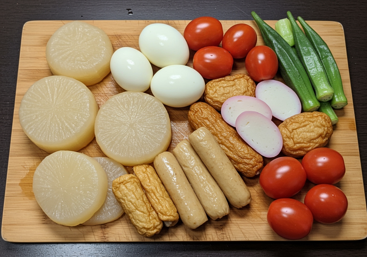 An assortment of prepared oden ingredients laid out on a cutting board or plate, including sliced daikon, peeled eggs, konnyaku slices with cuts, various fish cakes, and some fresh summer vegetables like tomatoes and okra.