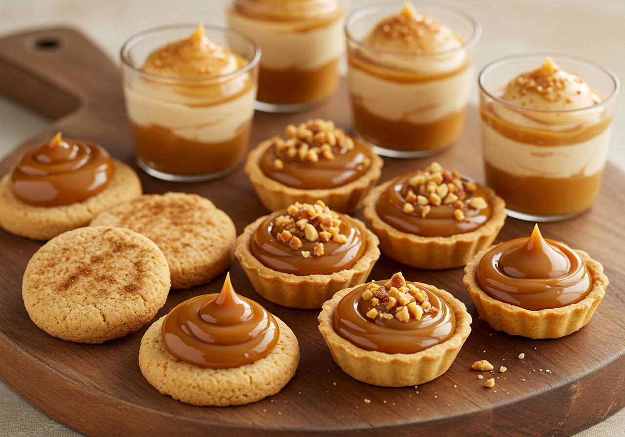 An assortment of small desserts featuring dulce de leche, such as mini tarts, cookies, and small cups of mousse, artfully arranged.