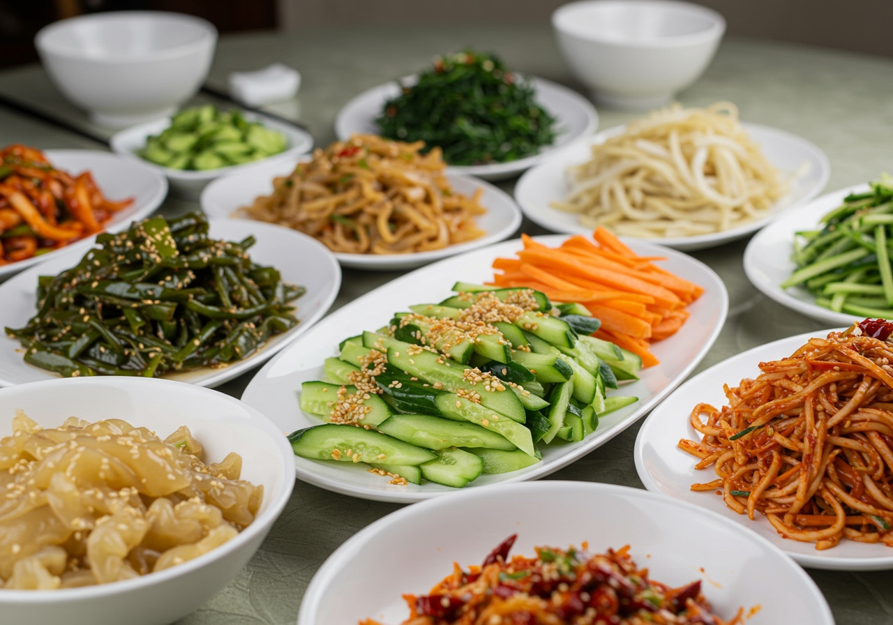 An assortment of various Chinese cold dishes (Liangban Cai) on a table, showcasing different colors and textures, with a focus on freshness.