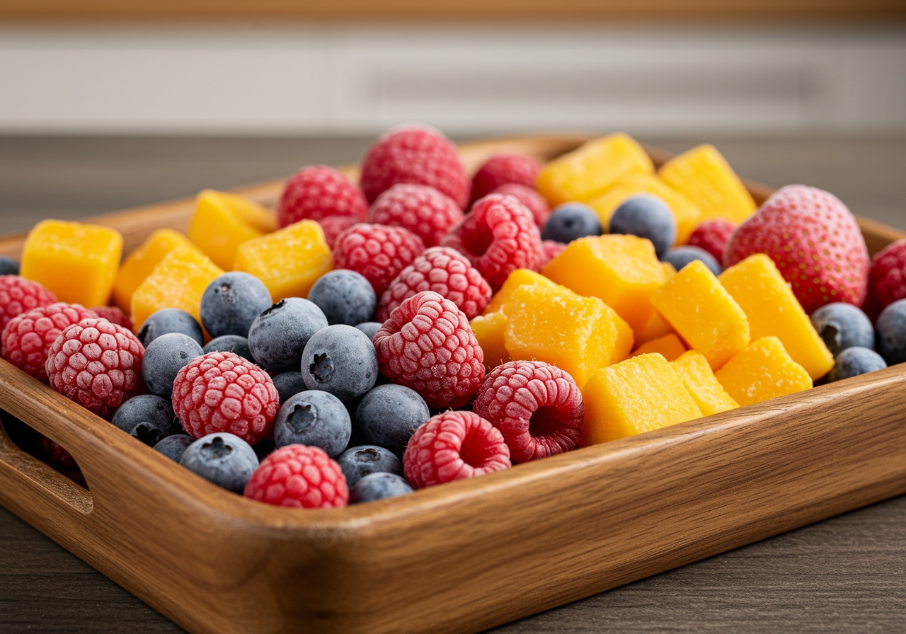 An assortment of vibrant frozen fruits on a tray, ready for making freezer desserts.