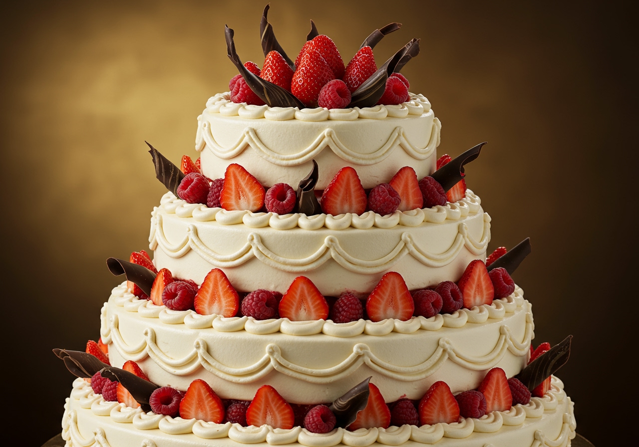 An elaborate strawberry and cream cake centerpiece, decorated with intricate piping, fresh berries, and perhaps chocolate curls, suitable for a celebration.