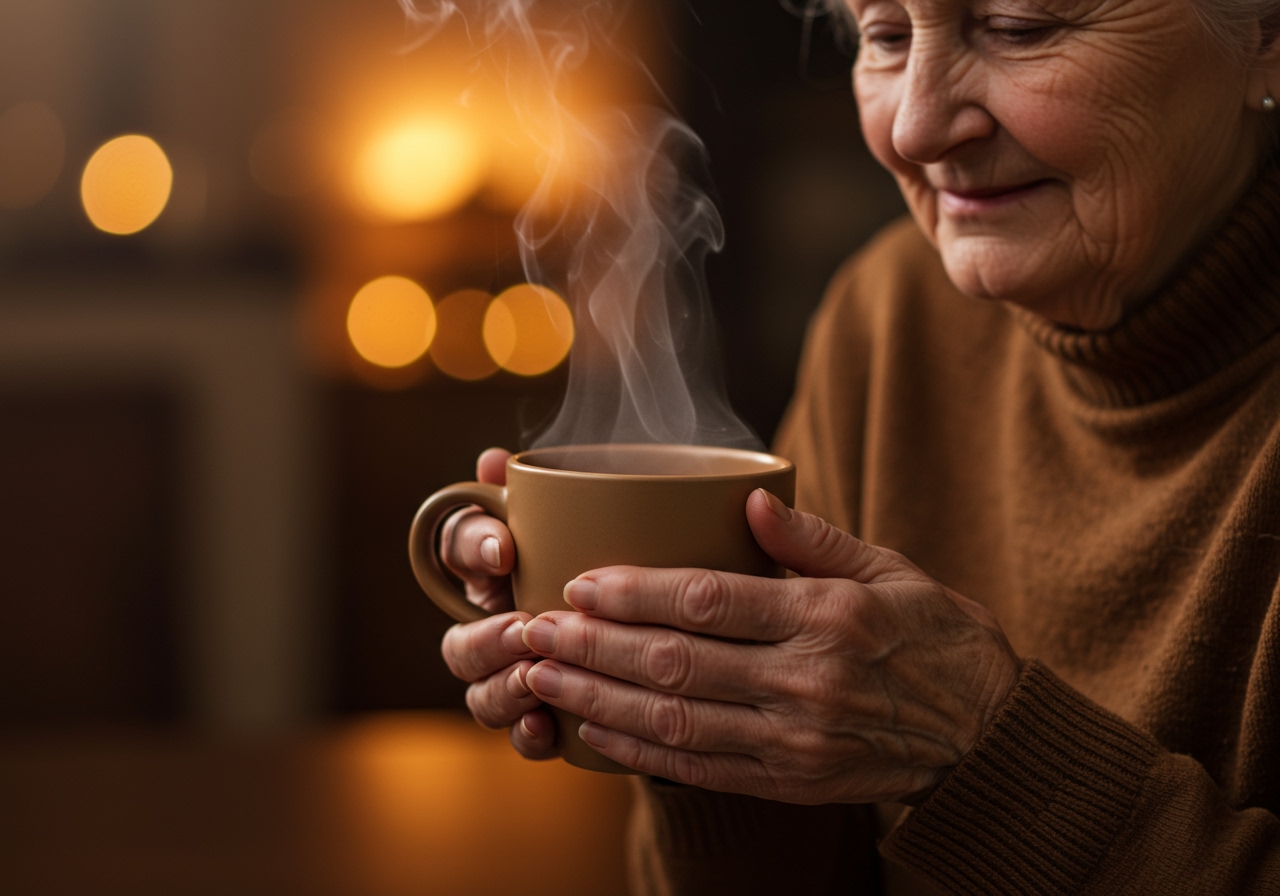 An elderly person gently warming their hands around a mug of a steaming hot drink.