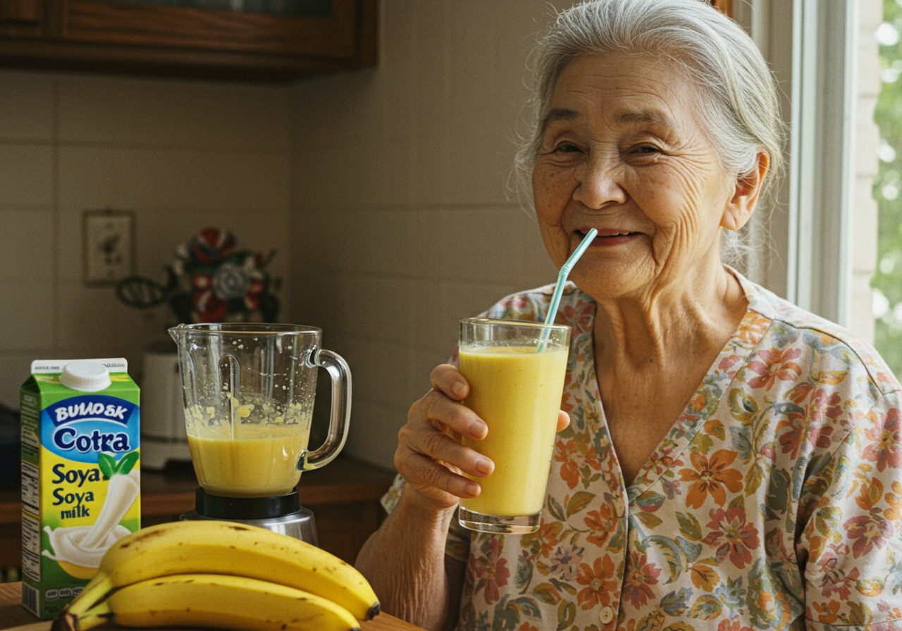 An elderly person happily drinking a yellow smoothie from a glass with a straw, with ingredients like bananas and soy milk in the background