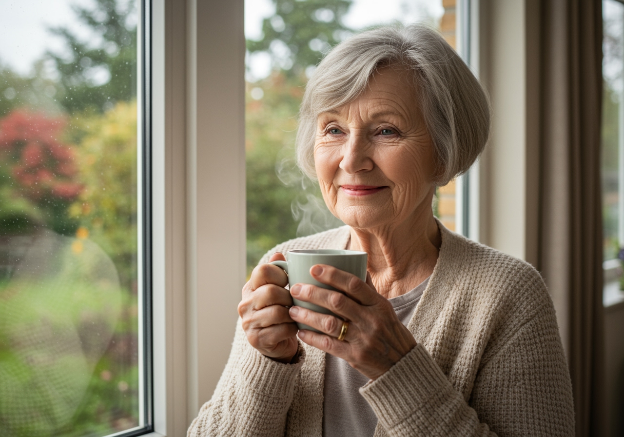 An elderly person holding a warm mug by a window, looking content.