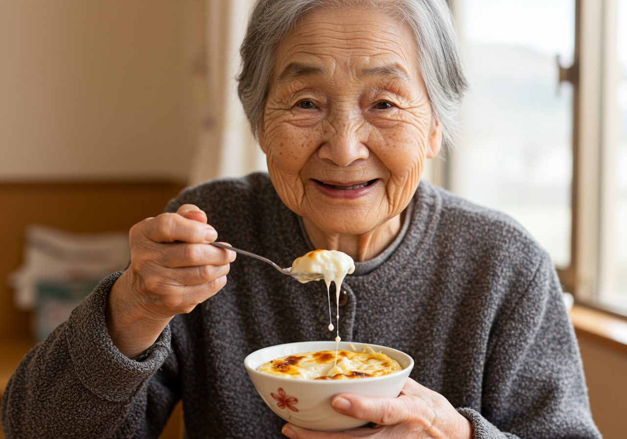 An elderly person smiling gently while taking a spoonful of the soymilk gratin, showing comfort and enjoyment.