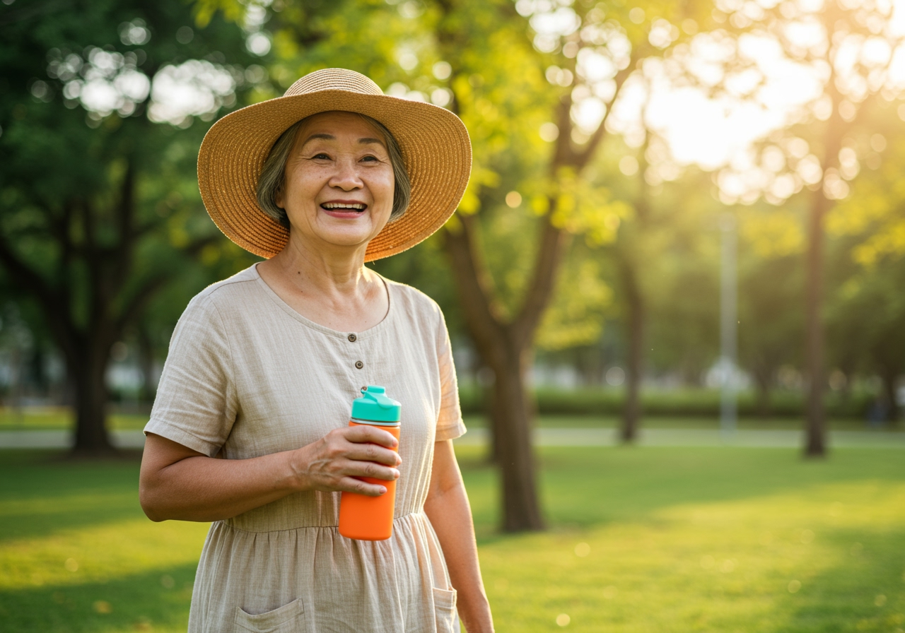An elderly person staying active and hydrated in warm weather.