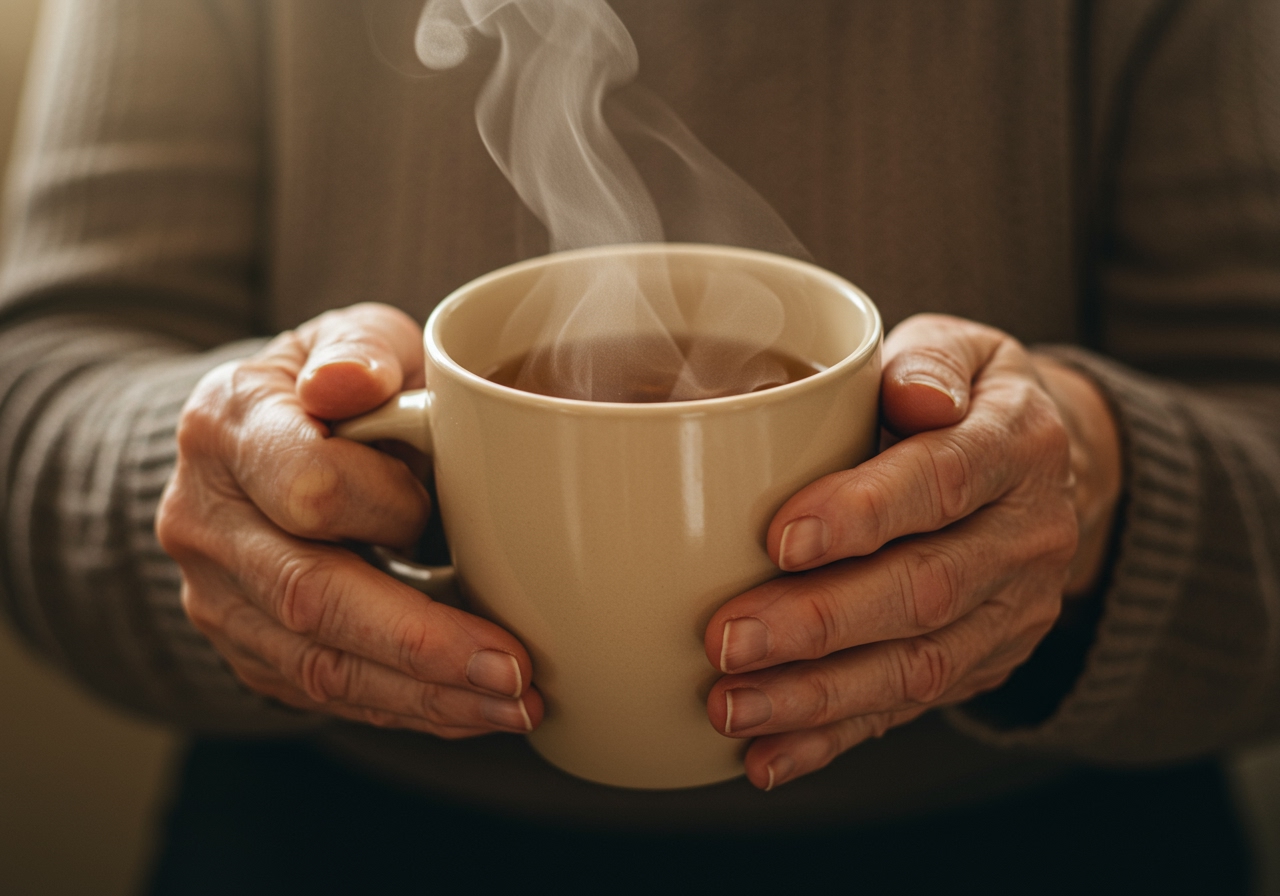 An elderly person's hands gently warming around a ceramic mug filled with tea, steam rising, conveying comfort and warmth.