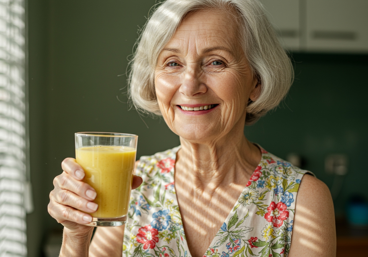 An elderly woman smiling and holding a glass of banana smoothie, looking content and healthy