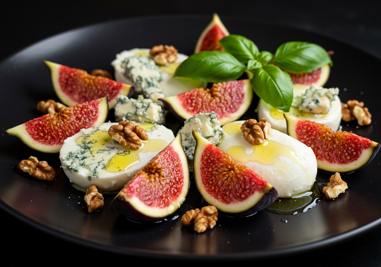 An elegant appetizer plate featuring sliced fresh figs, crumbled blue cheese, pieces of mozzarella, scattered walnuts, and basil leaves, drizzled with honey and olive oil.