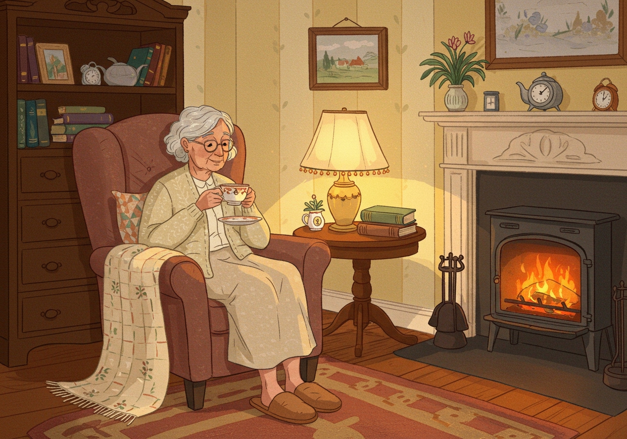 An illustration of a comfortable elderly person peacefully sipping tea in a cozy room with soft light.
