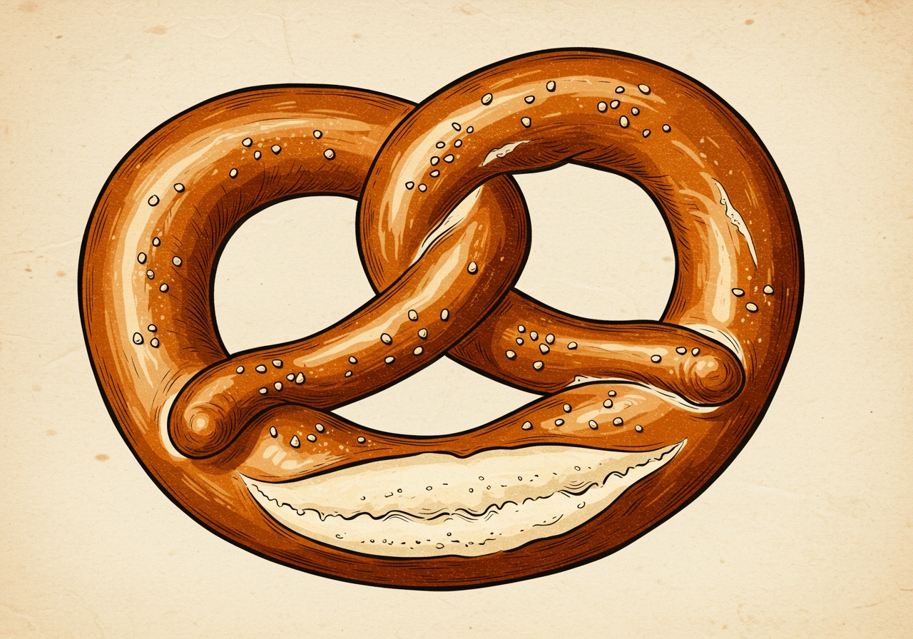 An illustration or photo depicting the traditional shape of a pretzel and perhaps a historical reference.