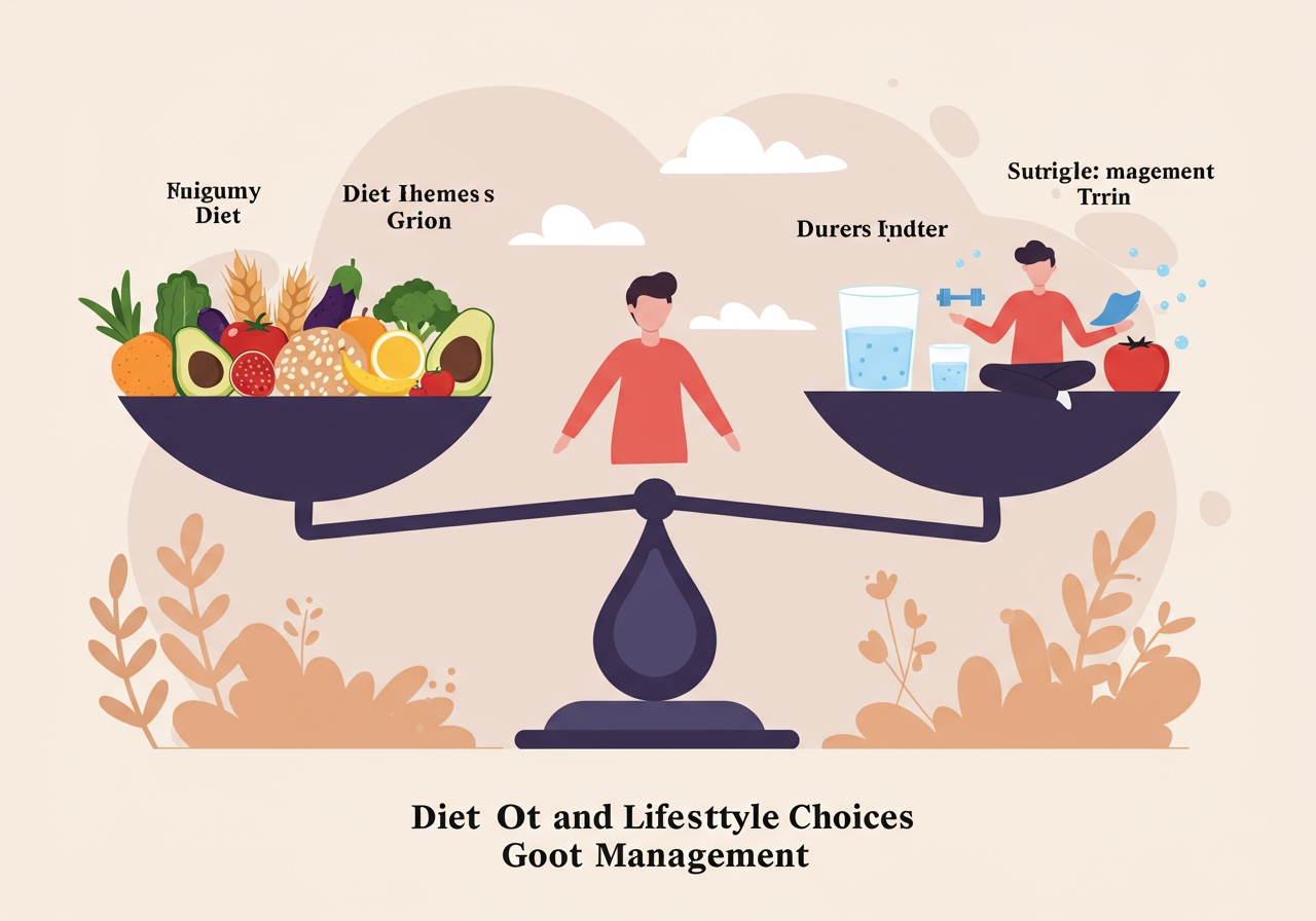 An illustration representing balance in diet and lifestyle choices for gout management.