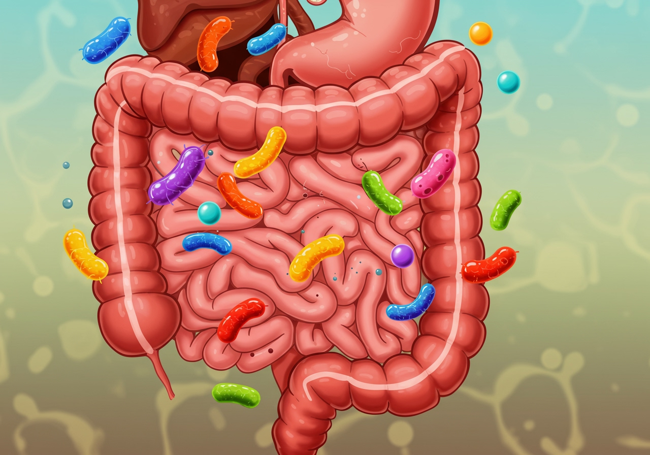 An illustration showing a healthy gut with diverse gut bacteria, emphasizing the concept of improved intestinal environment.