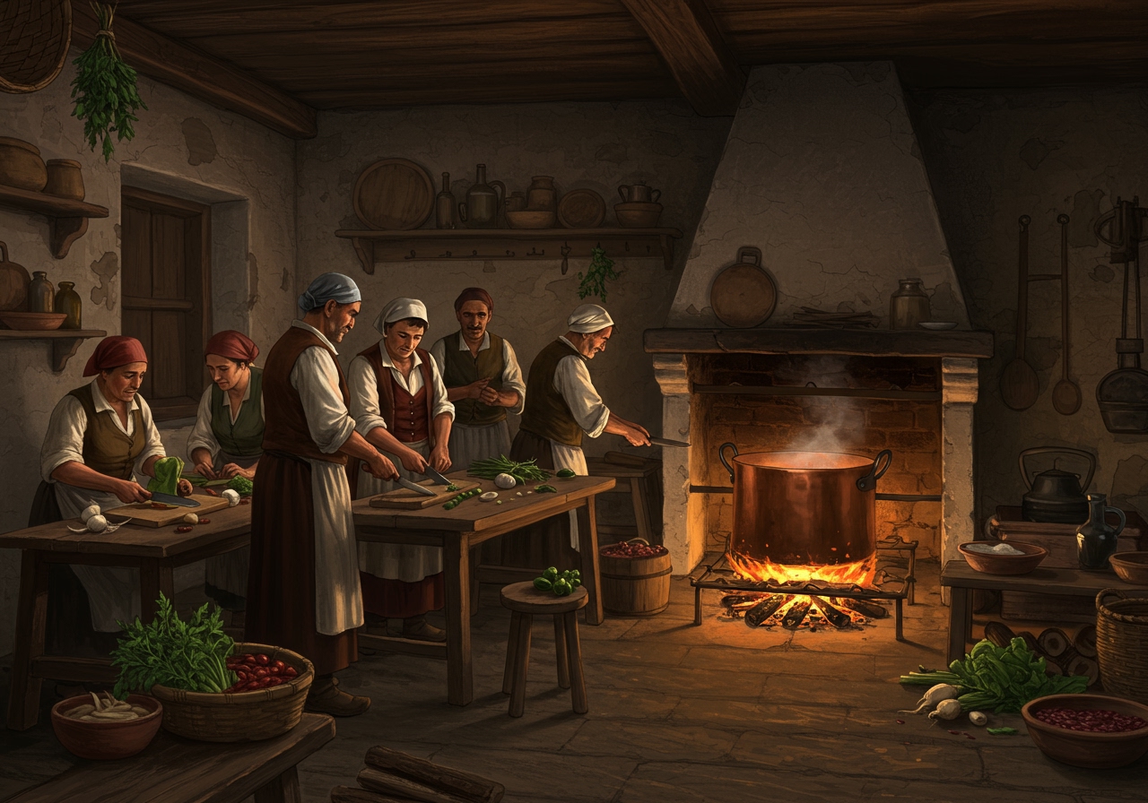 An illustration showing historical scenes of Ligurian peasants preparing soup with beans in a rustic kitchen, emphasizing simple ingredients and communal cooking.