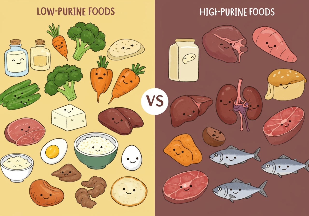 An illustration showing various low-purine foods like vegetables, tofu, rice, and eggs, contrasted with high-purine foods like organ meats and sardines.
