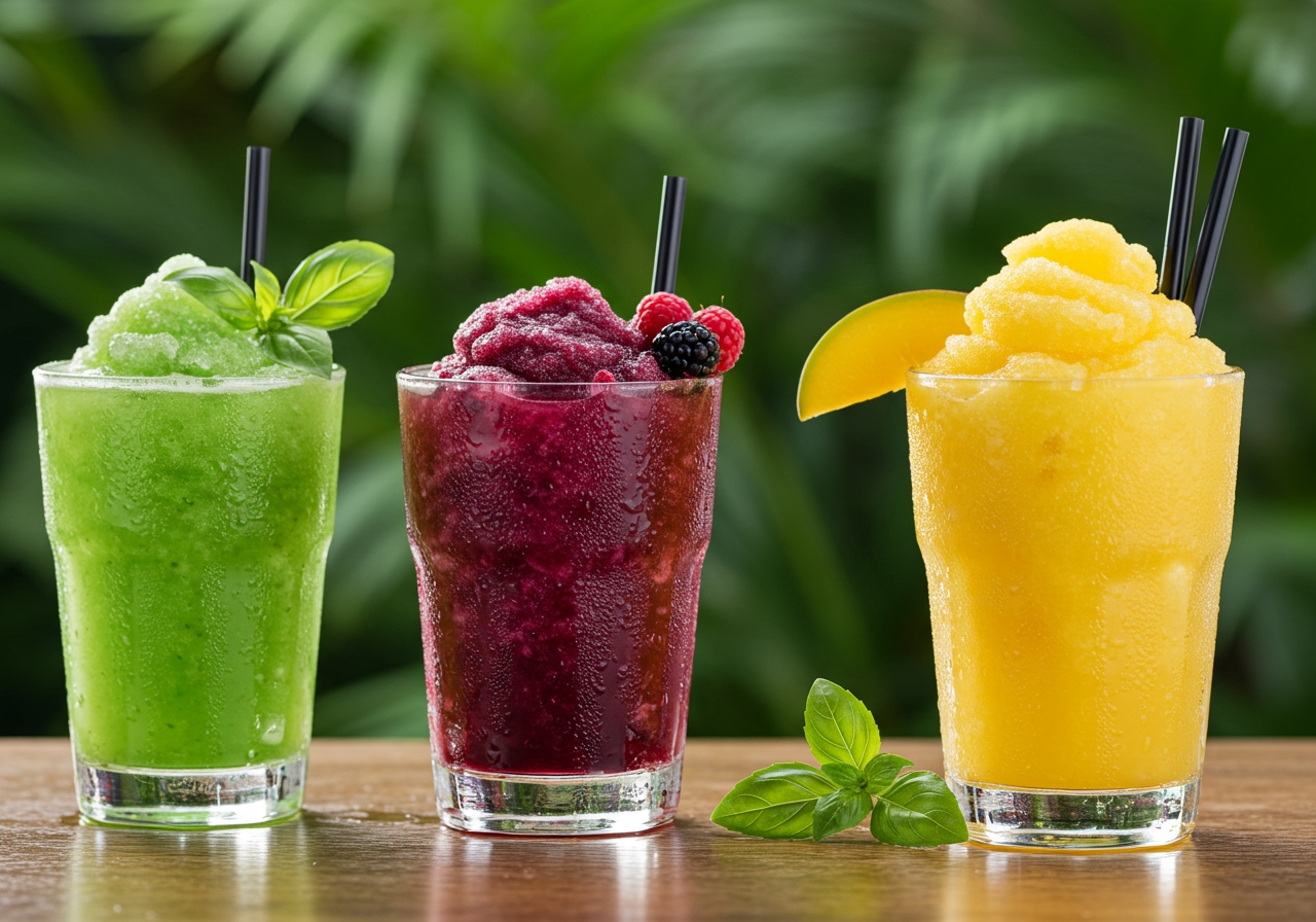 An image showcasing a variety of uniquely colored and garnished frozen cocktails, including green (cucumber/basil), purple (berry), and yellow (mango/passionfruit) drinks.