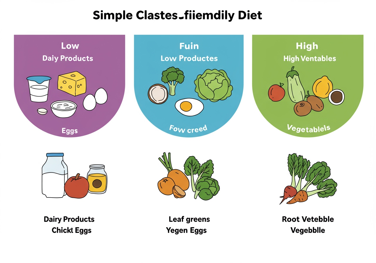 An infographic showing a simple classification of foods into low, medium, and high purine categories, emphasizing low purine options like dairy, eggs, and vegetables.