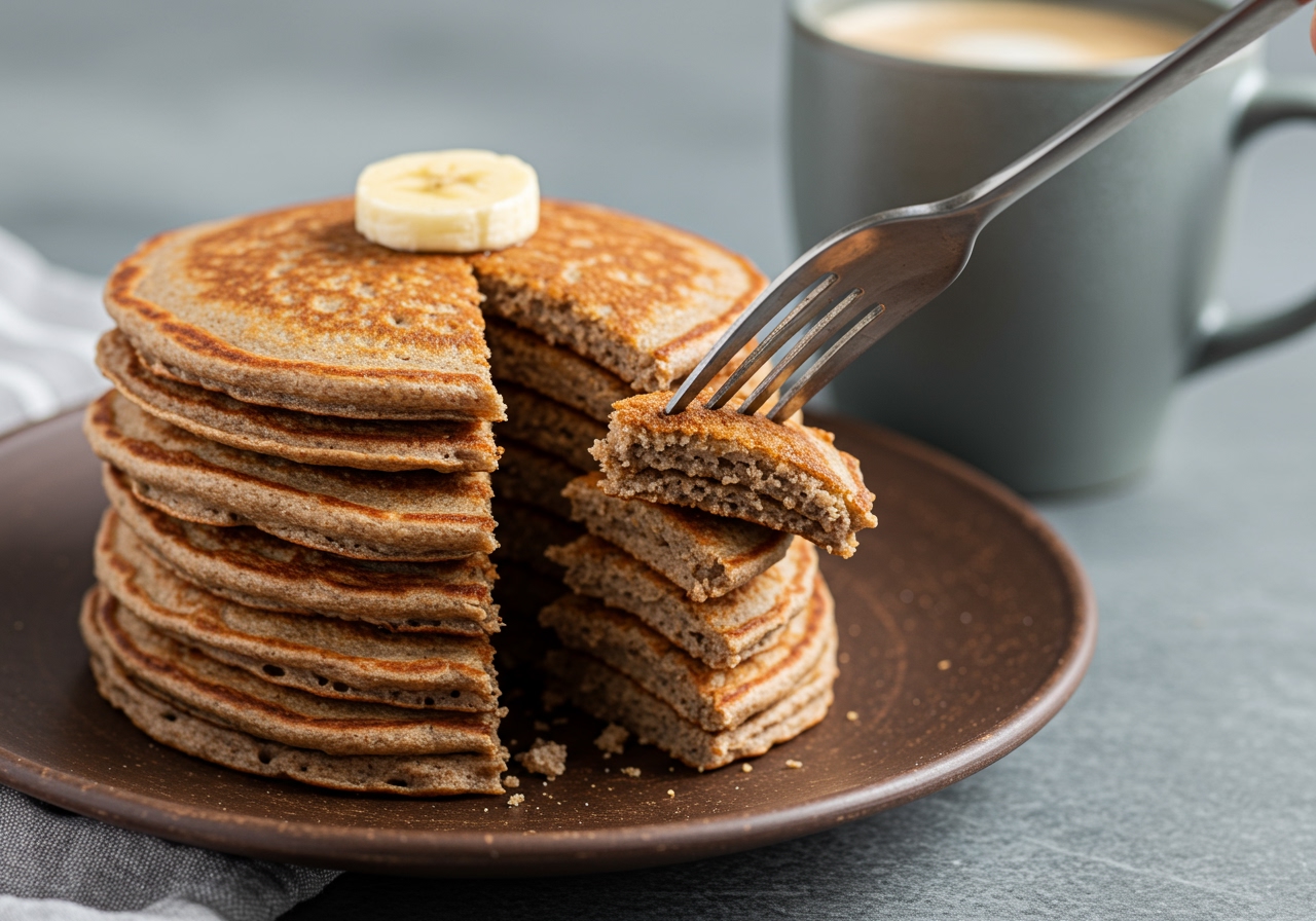 An inviting image of a stack of vegan whole wheat pancakes with a fork taking a bite, showing the texture, placed on a rustic plate with a cup of coffee in the background.