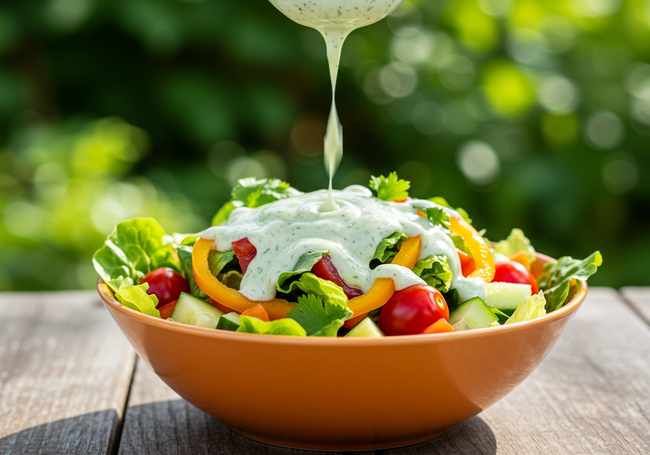 An inviting image showcasing a bowl of fresh salad generously drizzled with the cilantro lime yogurt sauce.