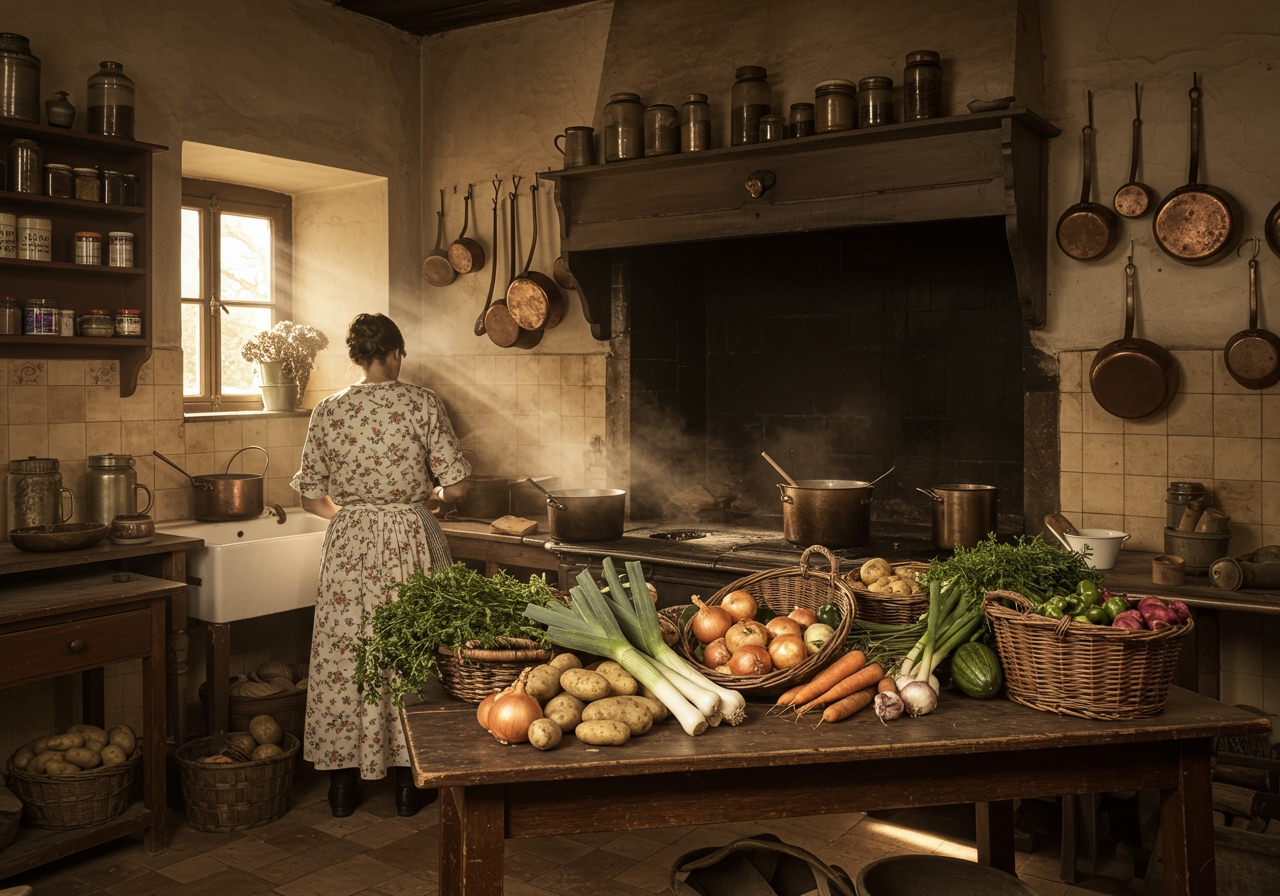 An old historical photograph or drawing depicting a classic French kitchen scene, suggesting the origins of such soups.