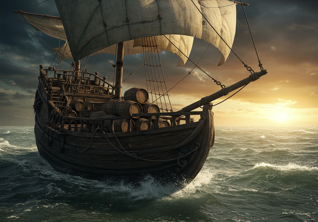 An old, weathered wooden sailing ship from the Age of Discovery, with barrels of wine in its cargo hold, sailing on a rough ocean under a dramatic sky.