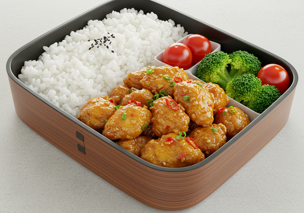 An open bento box containing garlic chili chicken pieces, a serving of rice, some steamed broccoli, and cherry tomatoes.