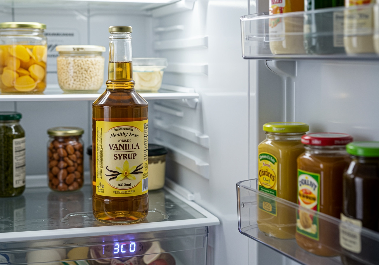 An open bottle of healthy vanilla syrup in a refrigerator, showing good storage practice.