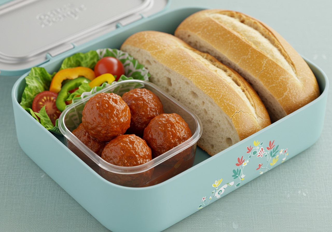 An opened lunchbox showing a container of meatballs in sauce next to a sliced long roll, ready for assembly at lunchtime. A small side salad is also visible.