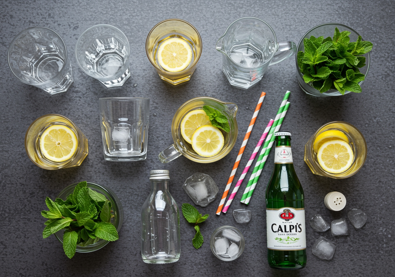 An overhead flat lay photo showing various elements for decorating home cafe drinks: a few different styled glasses, fresh mint leaves, lemon slices, colorful straws, maybe a small pitcher of Calpis and a bottle of sparkling water.