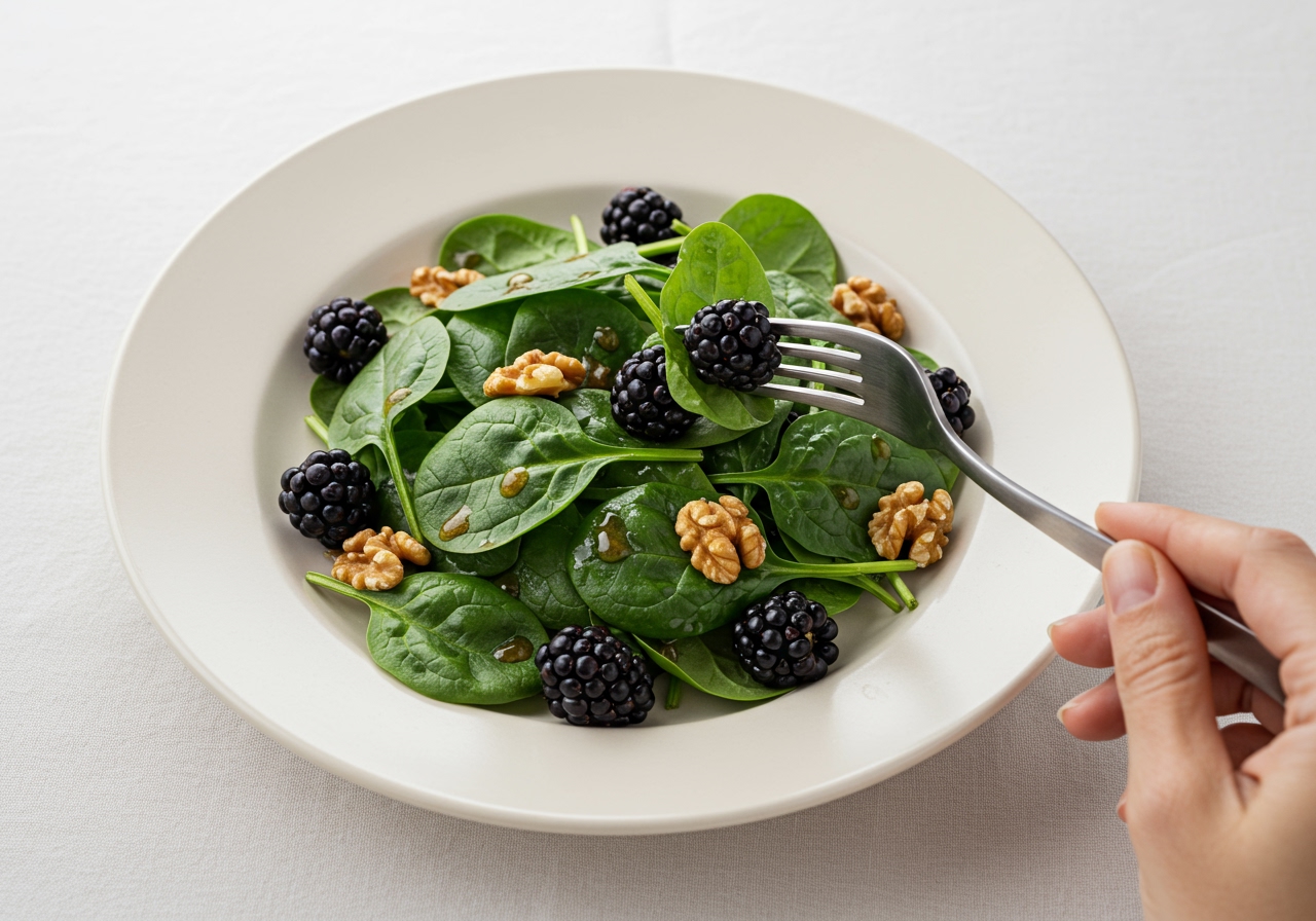 An overhead shot of a beautifully plated blackberry and spinach salad, garnished with a few whole walnuts and a drizzle of dressing, with a fork poised to take a bite, bathed in soft, natural light.
